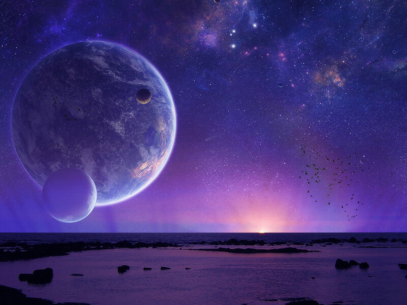 Alien Planet Landscape — Purple, Serene, Night, Digital Art, Stars, Planets