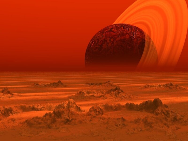 Alien Planet Landscape — Red, Dramatic, Digital Art, Rings