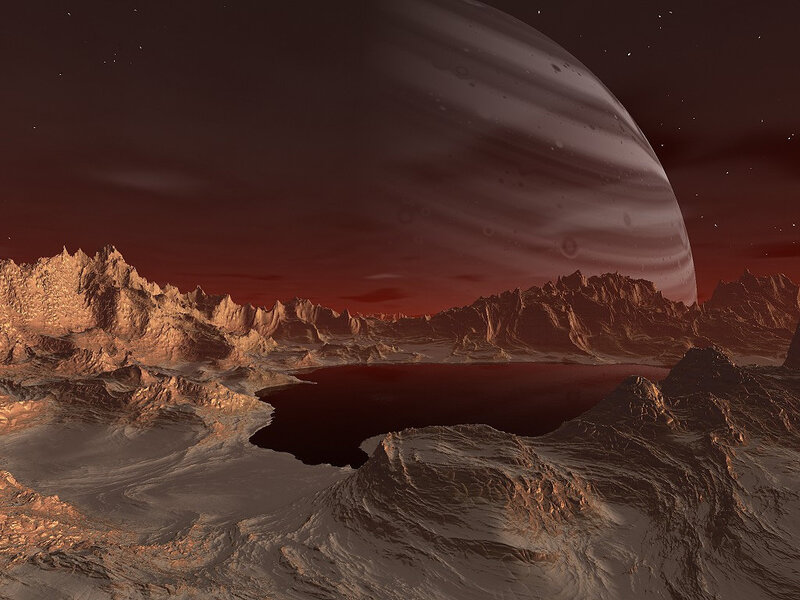 Alien Planet Landscape — Red, Dramatic, Night, 3d Render, Mountains, Lake
