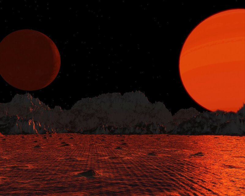 Alien Planet Landscape — Red, Dramatic, Night, 3d Render, Two Planets