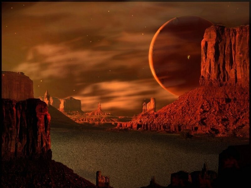 Alien Planet Landscape — Red, Dramatic, Night, Digital Art, Cliffs