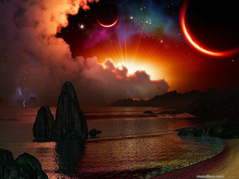 Alien Planet Landscape — Red, Dramatic, Night, Digital Art, Clouds, Lightning, Planets