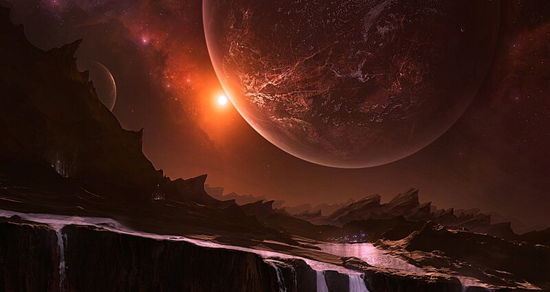 Alien Planet Landscape — Red, Dramatic, Night, Digital Art, Moon, Star