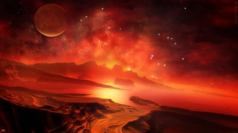 Alien Planet Landscape — Red, Dramatic, Night, Digital Art, Moon, Stars, Mountains