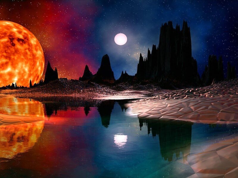 Alien Planet Landscape — Red, Dramatic, Night, Digital Art, Moon, Sun, Mountains