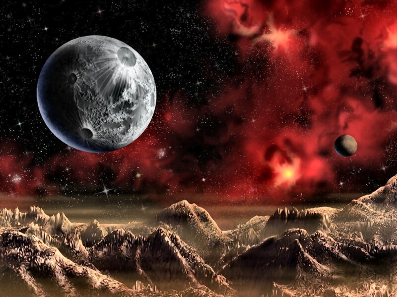 Alien Planet Landscape — Red, Dramatic, Night, Digital Art, Moon