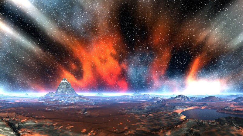 Alien Planet Landscape — Red, Dramatic, Night, Digital Art, Mountain