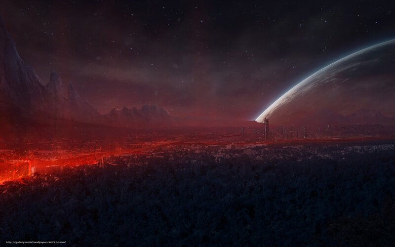 Alien Planet Landscape — Red, Dramatic, Night, Digital Art, Mountains, City