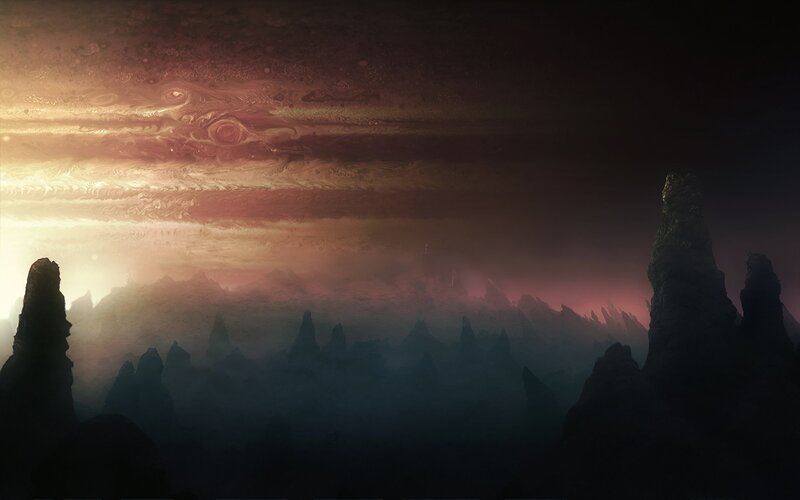 Alien Planet Landscape — Red, Dramatic, Night, Digital Art, Mountains, Clouds, Black