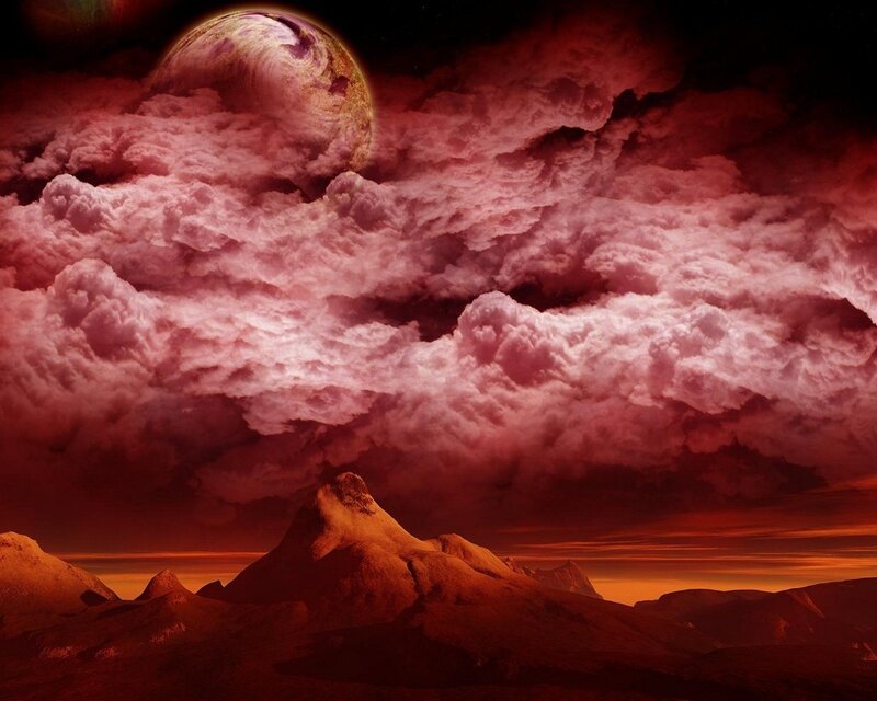 Alien Planet Landscape — Red, Dramatic, Night, Digital Art, Mountains, Clouds