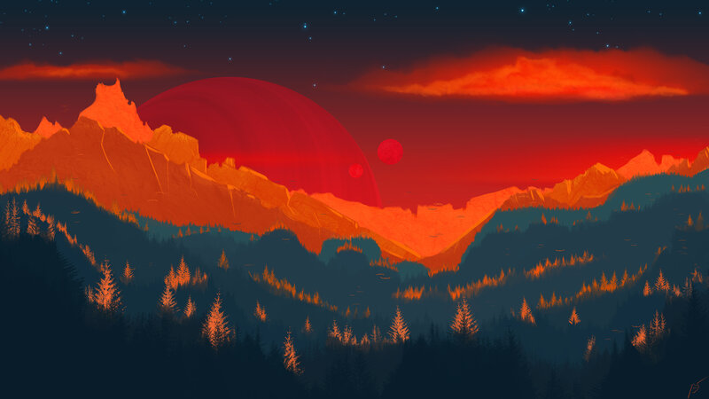 Alien Planet Landscape — Red, Dramatic, Night, Digital Art, Mountains, Forests