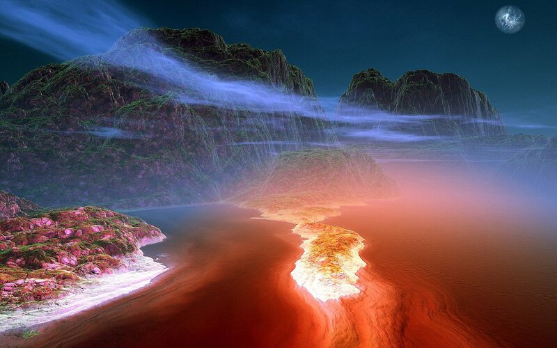 Alien Planet Landscape — Red, Dramatic, Night, Digital Art, Mountains, River