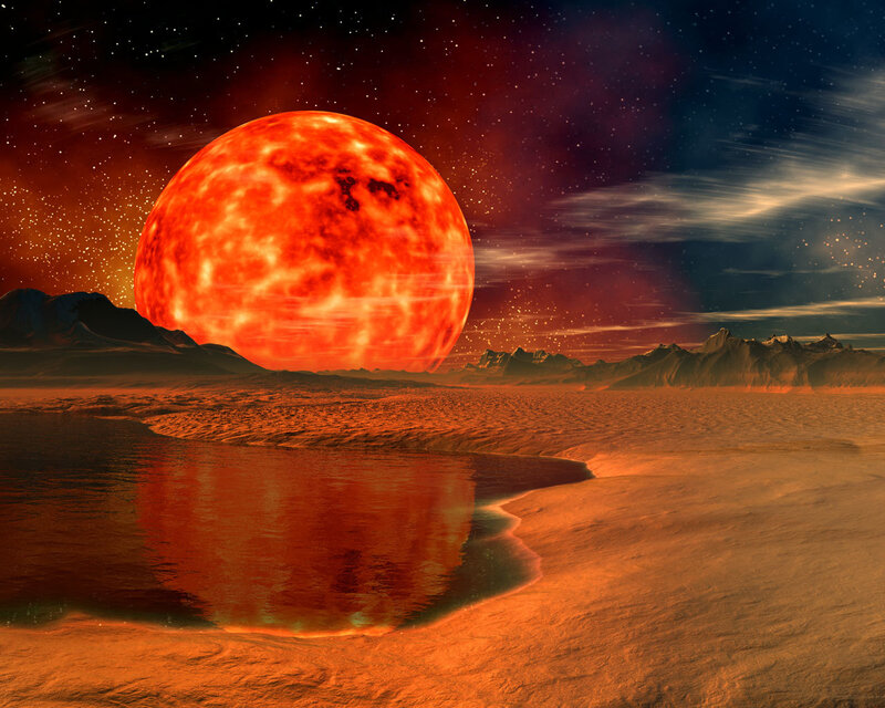 Alien Planet Landscape — Red, Dramatic, Night, Digital Art, Mountains, Water, Orange