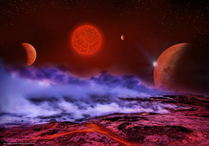 Alien Planet Landscape — Red, Dramatic, Night, Digital Art, Planets, Stars, Clouds