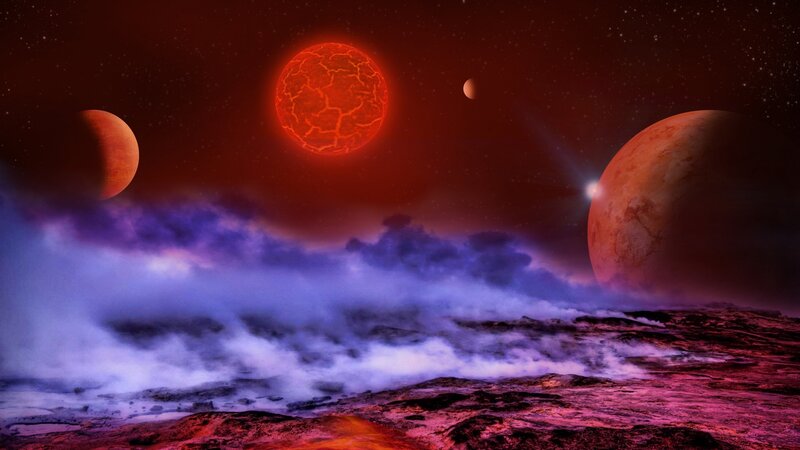 Alien Planet Landscape — Red, Dramatic, Night, Digital Art, Planets, Stars