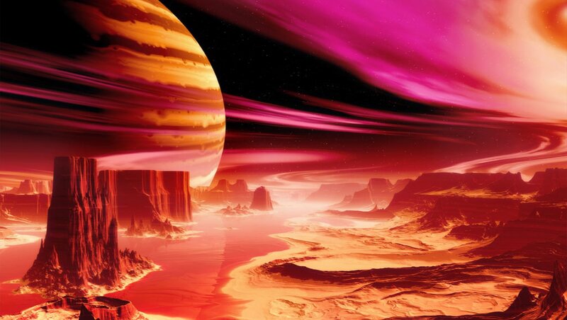 Alien Planet Landscape — Red, Dramatic, Night, Digital Art, Rock Formations, River