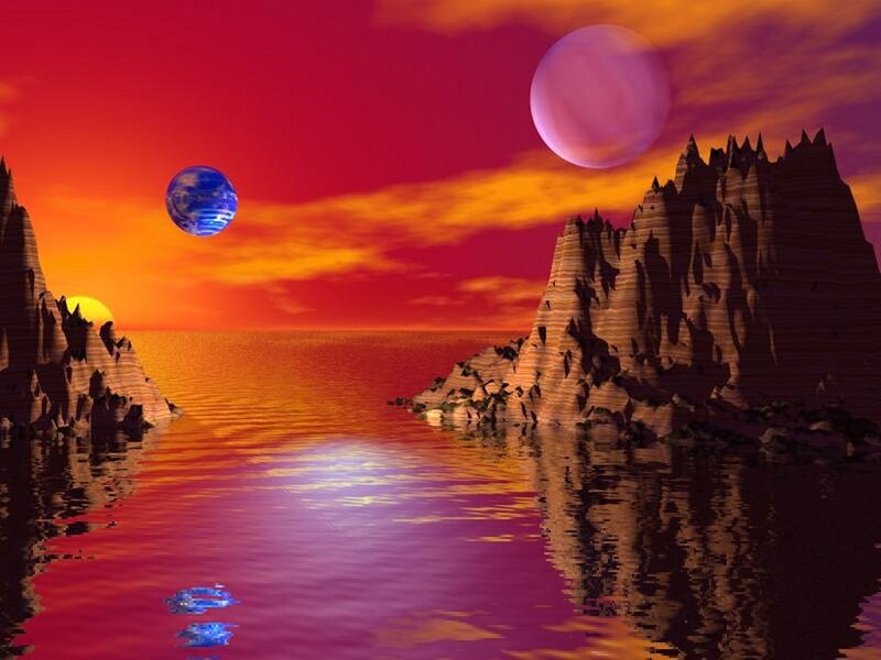 Alien Planet Landscape — Red, Dramatic, Sunset, 3d Render, Planets
