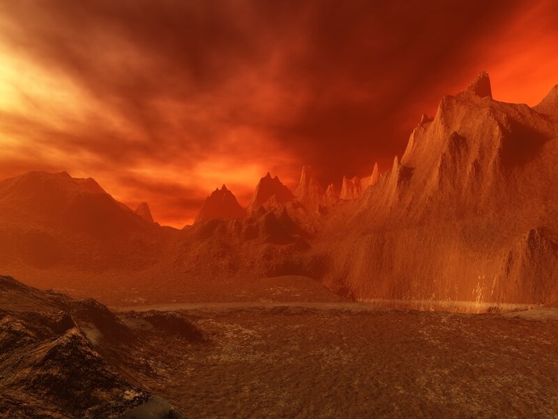 Alien Planet Landscape — Red, Dramatic, Sunset, 3d Render