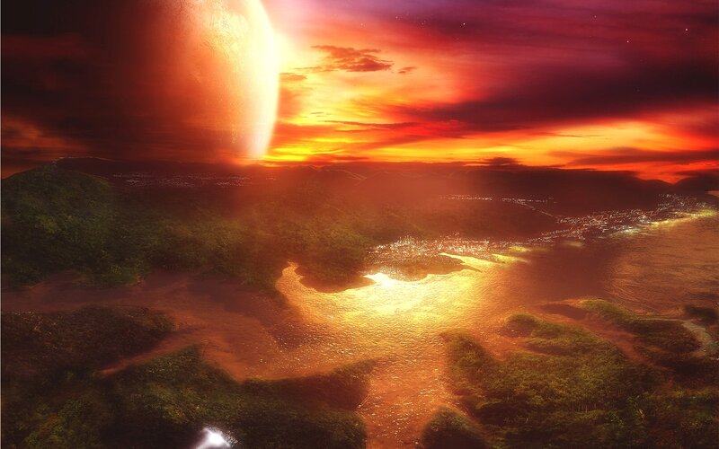Alien Planet Landscape — Red, Dramatic, Sunset, Digital Art, City