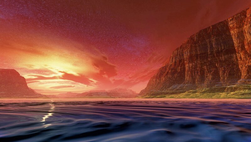 Alien Planet Landscape — Red, Dramatic, Sunset, Digital Art, Cliffs
