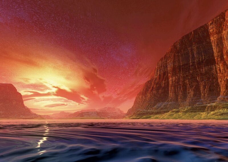 Alien Planet Landscape — Red, Dramatic, Sunset, Digital Art, Cliffs, Water