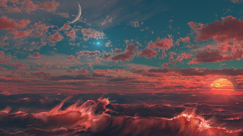 Alien Planet Landscape — Red, Dramatic, Sunset, Digital Art, Moon