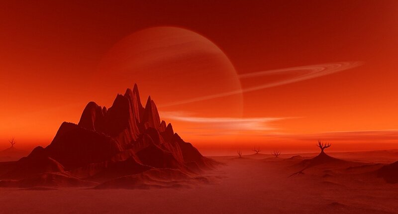 Alien Planet Landscape — Red, Dramatic, Sunset, Digital Art, Mountain, Ring