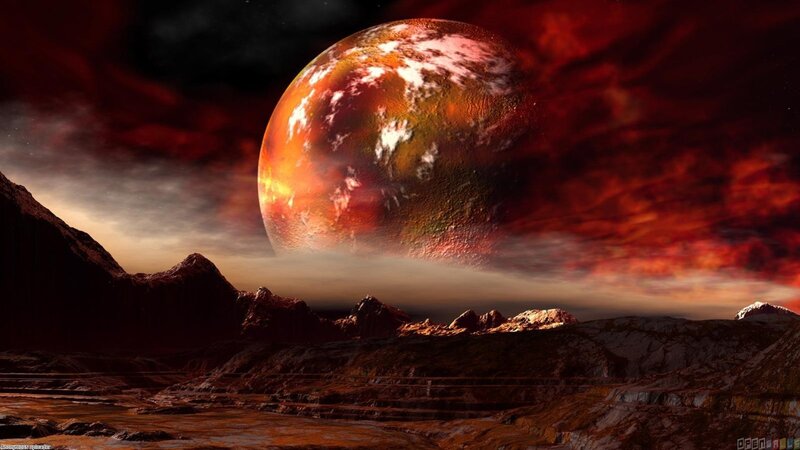 Alien Planet Landscape — Red, Dramatic, Sunset, Digital Art, Mountains, Sky