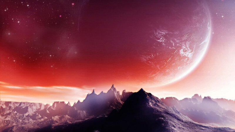 Alien Planet Landscape — Red, Dramatic, Sunset, Digital Art, Mountains, Stars