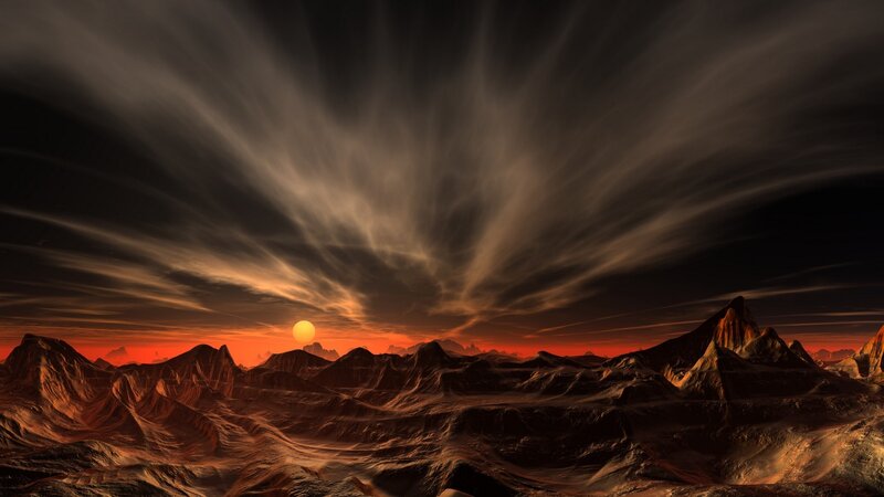 Alien Planet Landscape — Red, Dramatic, Sunset, Digital Art, Mountains, Sun