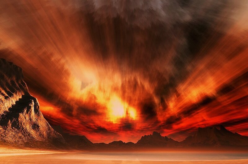 Alien Planet Landscape — Red, Dramatic, Sunset, Digital Art, Mountains