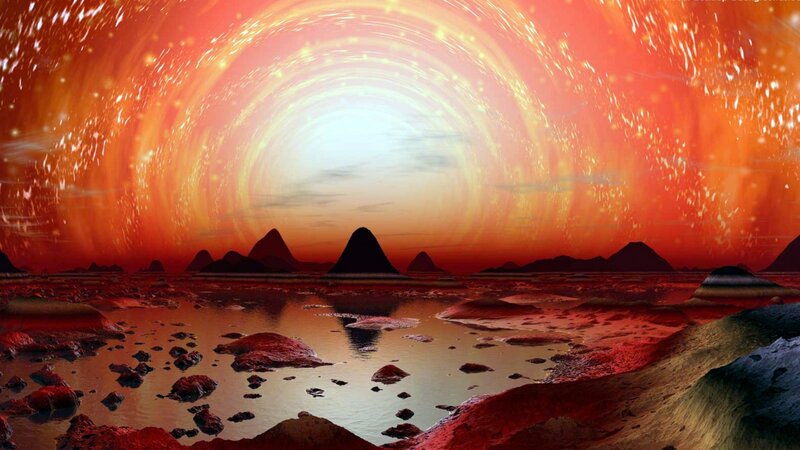 Alien Planet Landscape — Red, Dramatic, Sunset, Digital Art, Mountains, Water