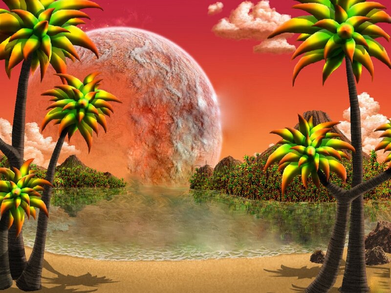 Alien Planet Landscape — Red, Dramatic, Sunset, Digital Art, Palm Trees