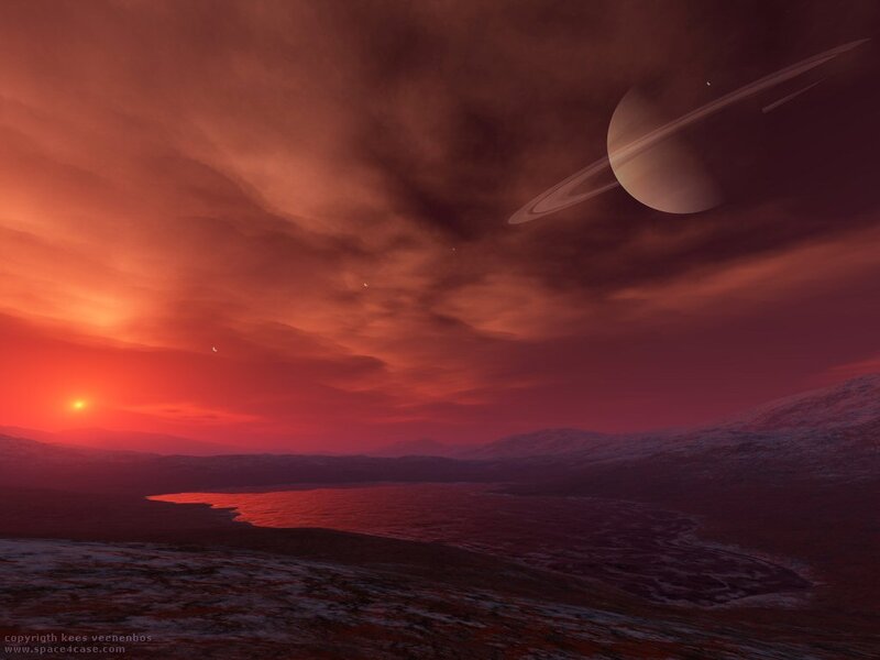 Alien Planet Landscape — Red, Dramatic, Sunset, Digital Art, Planet with Rings