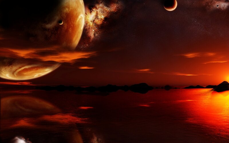 Alien Planet Landscape — Red, Dramatic, Sunset, Digital Art, Planets, Stars