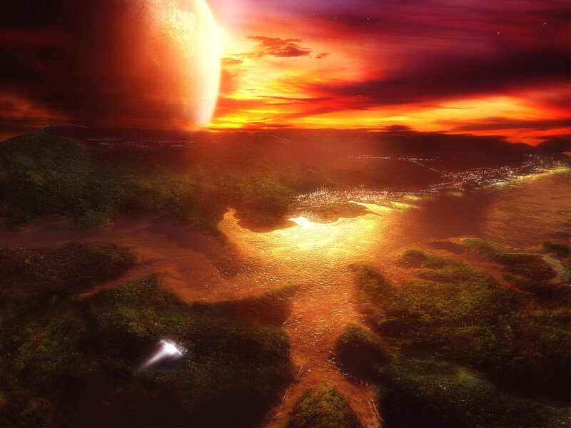Alien Planet Landscape — Red, Dramatic, Sunset, Digital Art, River