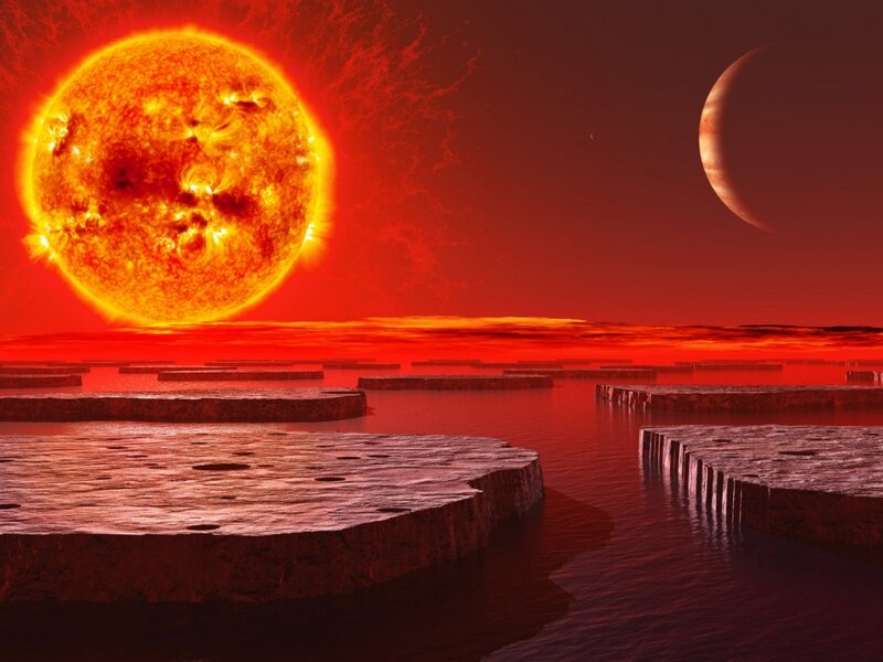 Alien Planet Landscape — Red, Dramatic, Sunset, Digital Art, Sun, Moon