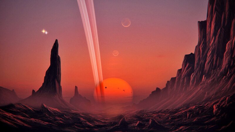 Alien Planet Landscape — Red, Dramatic, Sunset, Digital Art, Sun, Moons