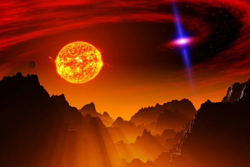Alien Planet Landscape — Red, Dramatic, Sunset, Digital Art, Sun, Mountains