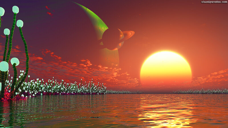 Alien Planet Landscape — Red, Dramatic, Sunset, Digital Art, Sun