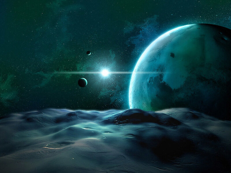 Alien Planet Landscape — Teal, Dramatic, Night, Digital Art, Moon
