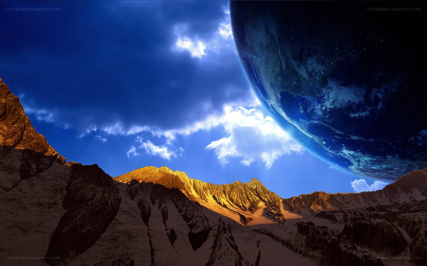 Alien planet landscape with Earth