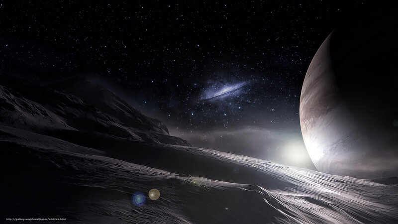 Alien planet landscape with galaxy