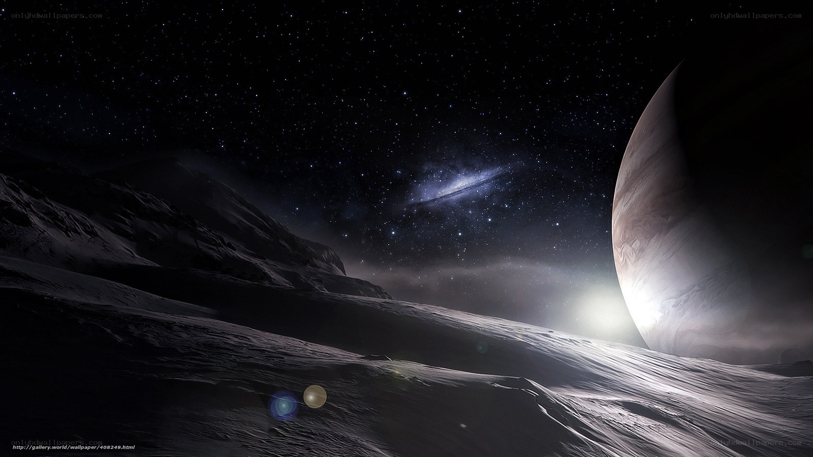 Alien planet landscape with galaxy