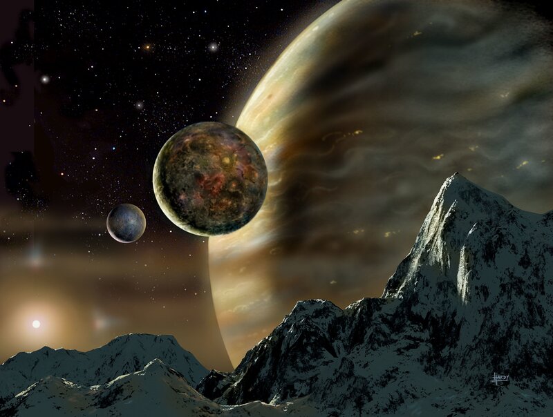 Alien planet landscape with moons
