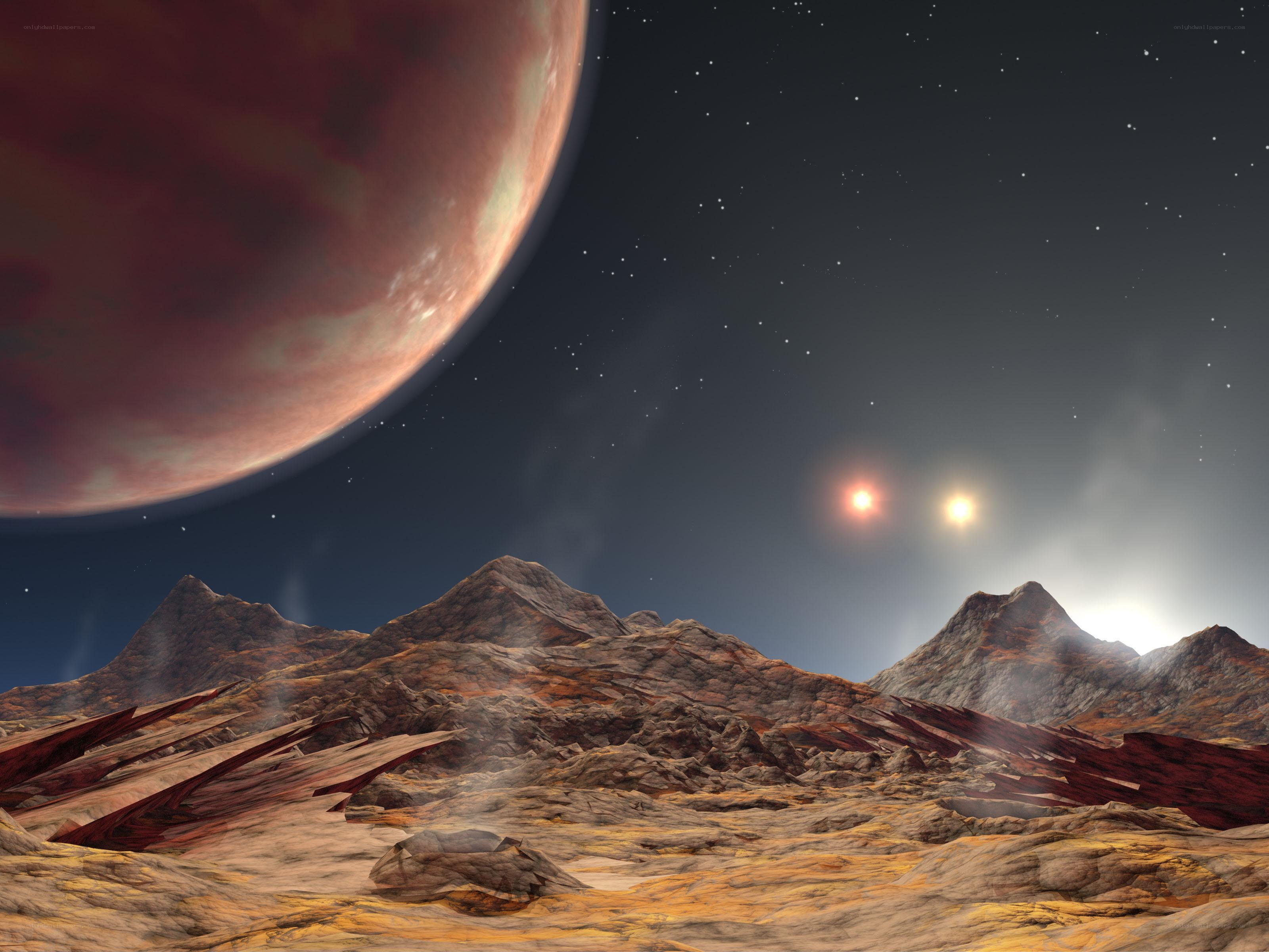 Alien planet landscape with twin stars