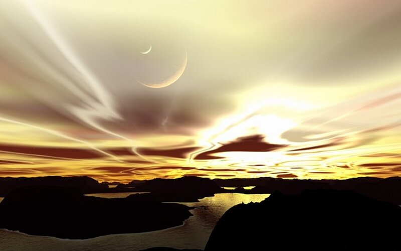 Alien Planet Landscape — Yellow, Dramatic, Sunset, Digital Art, Moon