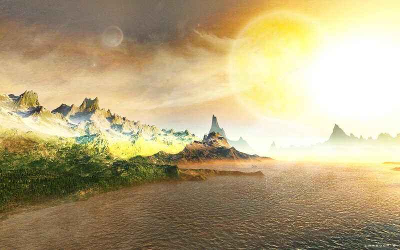 Alien Planet Landscape — Yellow, Dramatic, Sunset, Digital Art, Mountains