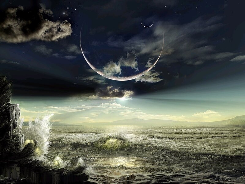 Alien Planet Ocean — Dark Blue, Dramatic, Night