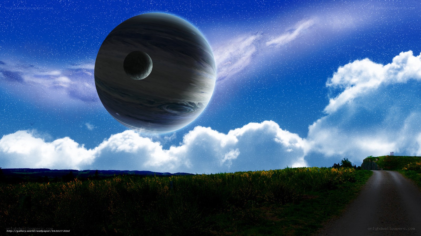 Alien planet over a country road